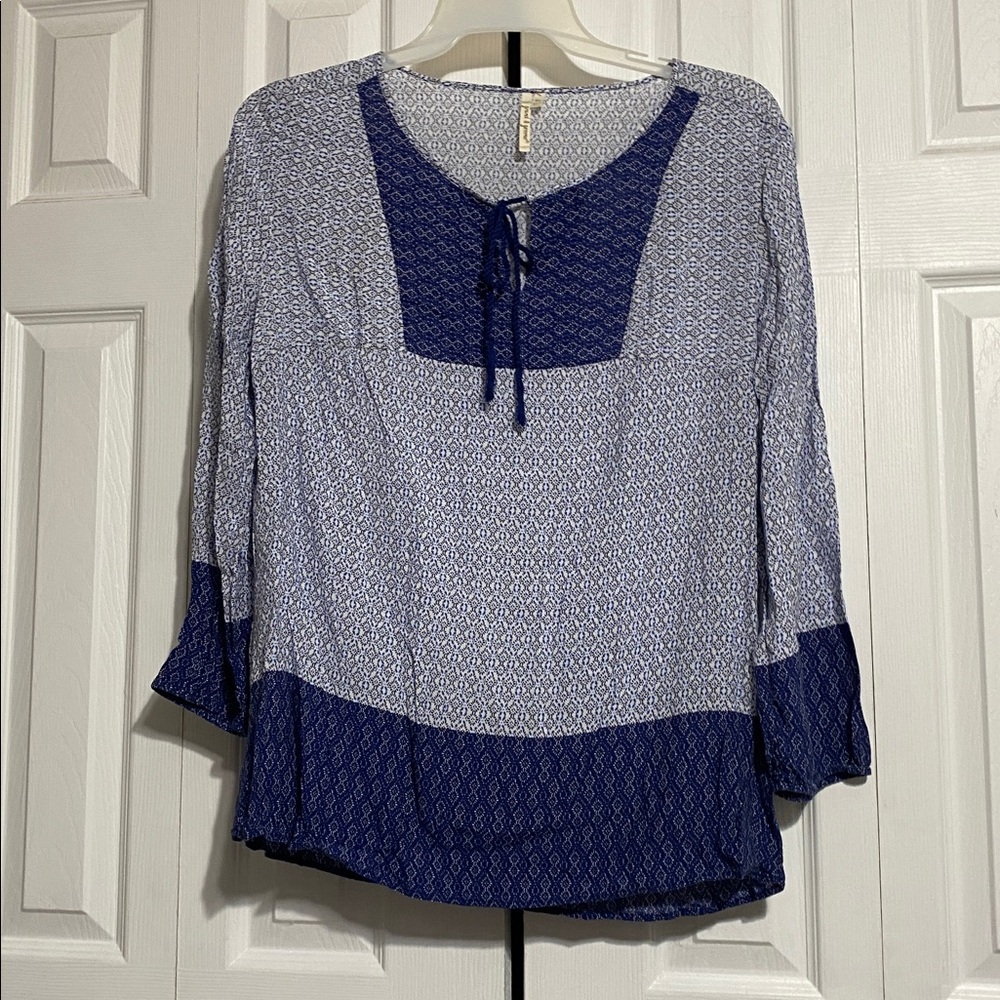 Grand & Greene Blue boho Tunic Top Boho 3/4 Sleeve size LARGE
